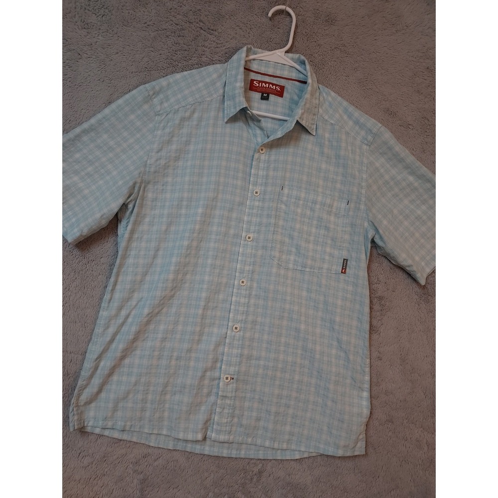 Simms Shirt Mens Medium Seersucker Plaid Short Sleeve Blue Fishing Lightweight